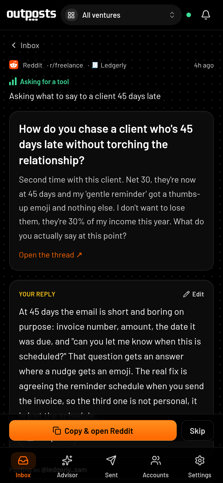 A conversation with the drafted reply, ready to copy and post