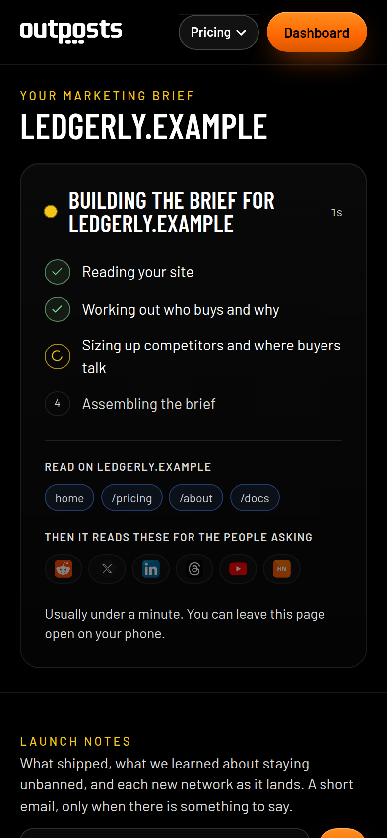 The Buyer Brief, mid-scan: the pages of your site read so far and the networks it searches next