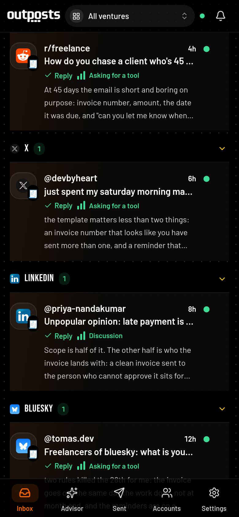 The Outposts inbox: real sightings on Reddit and X, each with its signal and a reply already written in the founder's voice